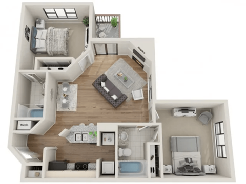 a 2 bedroom floor plan with a bathroom and a living room